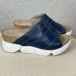 Fly London Suze Women’s Blue Leather Slip On Slide Platform Sandal Sz 41, US 10
